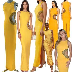 🆕 BRONX & BANCO 🧿 NWOT Camila Rhinestone Cutout Maxi, Yellow - Sz L US 8